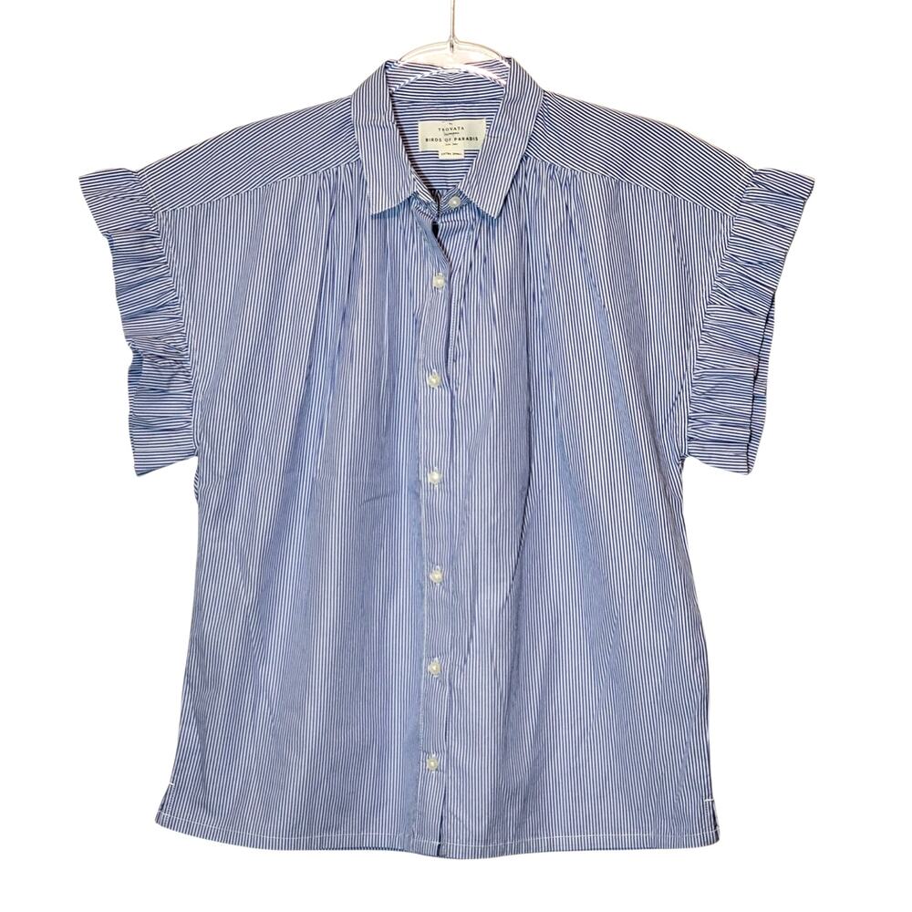 Travota Marianne NWT Birds of Paradise Button Ruffle Shirt Blue White Cotton XS - Picture 2 of 14